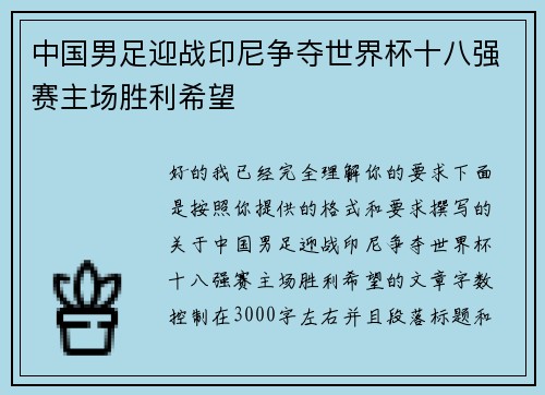 中国男足迎战印尼争夺世界杯十八强赛主场胜利希望